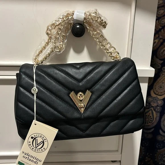 VALENTINO ORLANDI 6”x 11”x3” Black Quilted Bag Monogram Trim and Chain NWT $279 - Picture 3 of 7